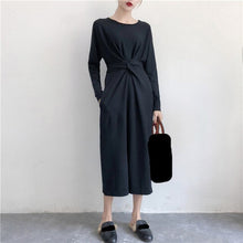 Load image into Gallery viewer, New Women Solid Twist Knot Lace Up Mid Dress Elegant Long Sleeve High Waist A-line Dress Casual Empire Dresses