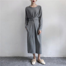Load image into Gallery viewer, New Women Solid Twist Knot Lace Up Mid Dress Elegant Long Sleeve High Waist A-line Dress Casual Empire Dresses