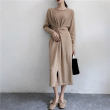 Load image into Gallery viewer, New Women Solid Twist Knot Lace Up Mid Dress Elegant Long Sleeve High Waist A-line Dress Casual Empire Dresses