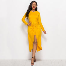 Load image into Gallery viewer, 2019 Women Autumn Dress Twisted Ruched Slit Long Sleeves High Waist Asymmetrical Solid Slim Dresses Fashion Oversize Vestidos
