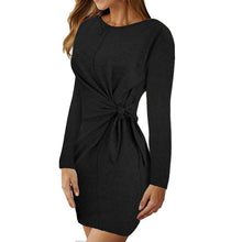 Load image into Gallery viewer, Women Soild Color Dress Autumn Round Neck Long Sleeve Twist Knot Waist Temperament Womens Elegant Dresses Lace-up Mini Dress
