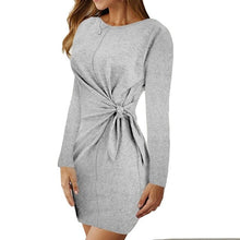 Load image into Gallery viewer, Women Soild Color Dress Autumn Round Neck Long Sleeve Twist Knot Waist Temperament Womens Elegant Dresses Lace-up Mini Dress