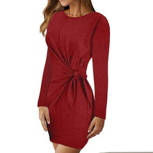 Load image into Gallery viewer, Women Soild Color Dress Autumn Round Neck Long Sleeve Twist Knot Waist Temperament Womens Elegant Dresses Lace-up Mini Dress