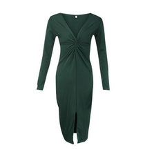 Load image into Gallery viewer, ROPALIA Twisting Knitting Dress Ladies Sexy Deep V-Neck Dress Solid Long Sleeve Elastic High Waist Split Dresses Party Vestidos